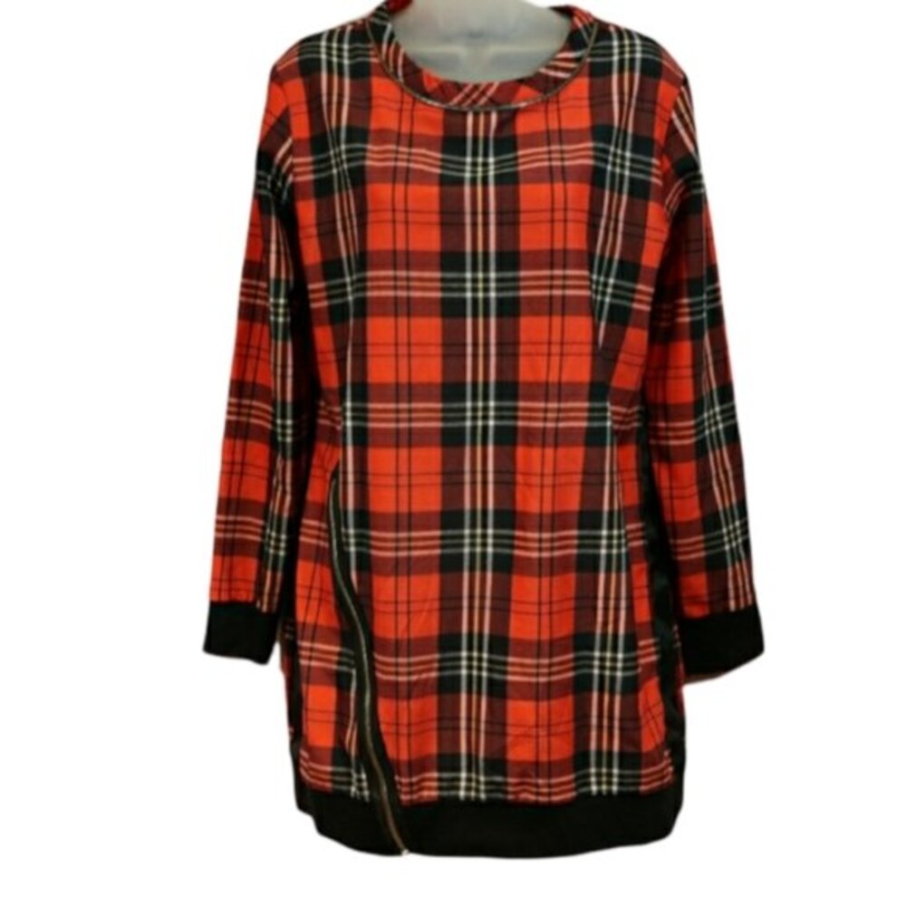 Zara W+B Collection Red Plaid Shift Mini Dress Gold Zipper Details Medium